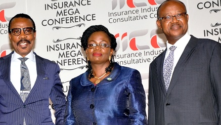 (L-r): Bismark Rewane, chief executive officer, Financial Derivatives Company Limited, Mrs. Funke Alomo-Oluwa, managing director, Chams Access Limited and Prosper Okpue, vice chairman /CEO Insurance Brokers of Nigeria, during the Insurance Industry Consultative Council  at the 2015 Mega Conference in Abuja recently.